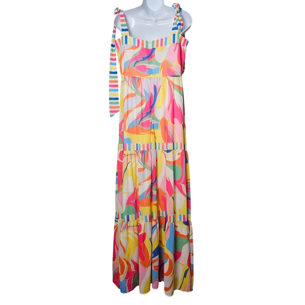 Flying Tomato Tea Party Woven Maxi Dress Womens L Rainbow Tie Shoulder Tiered - Picture 12 of 14